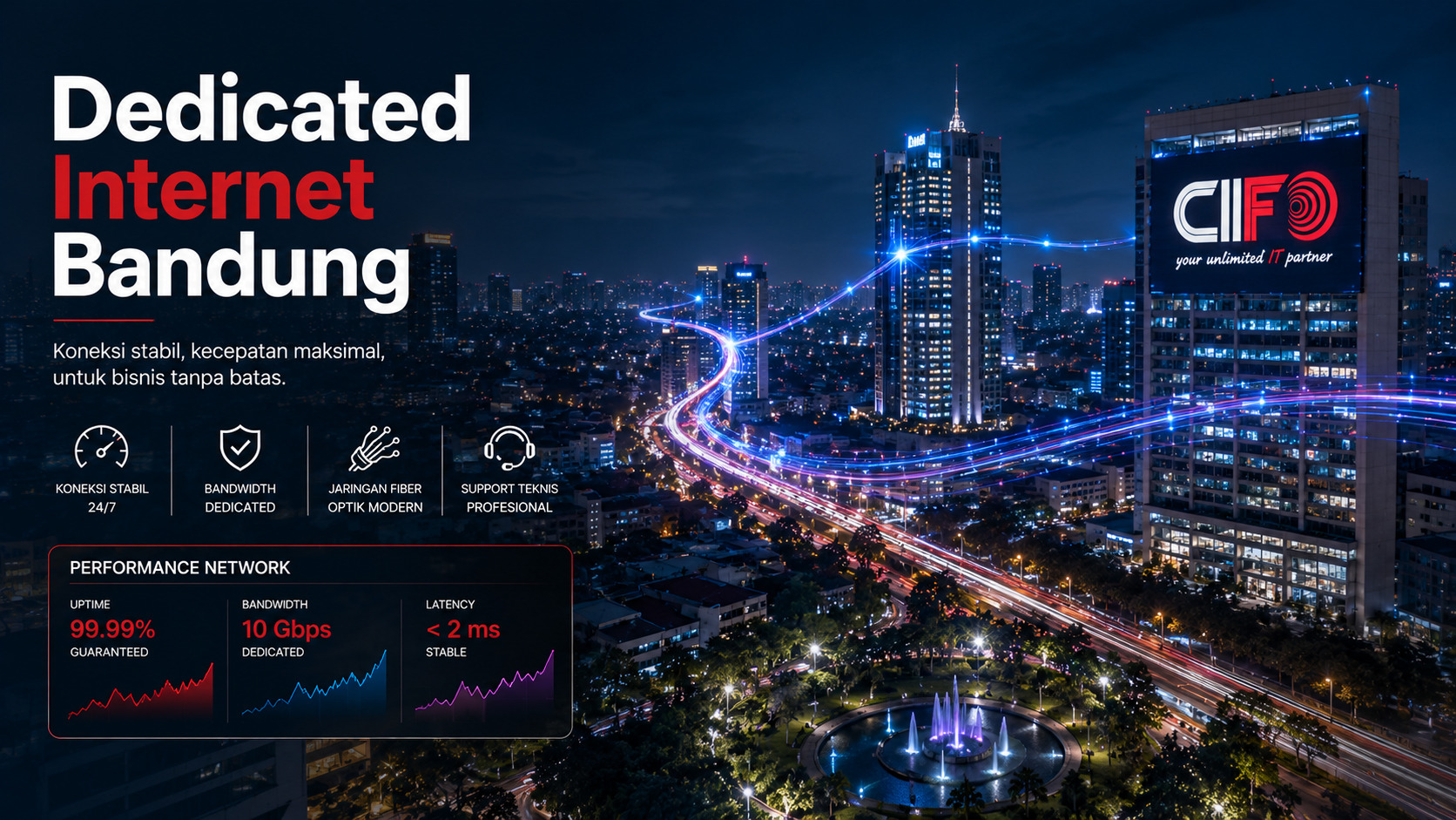 Dedicated Internet Bandung dari CIFO mendukung konektivitas perusahaan melalui jaringan fiber optik modern dan stabil.
